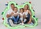 Strong immunity - healthy family. Happy parents with children protected from viruses and bacteria, illustration