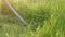 Strong man farmer mows a green grass with hand scythe on the background of the setting sun. Hay harvest