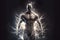 Strong man in lightning flashes, athlete silhouette with inner energy, generative AI