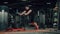 Strong man pushing stand with barbell plates in gym