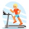 Strong man running treadmill simulator fitness concept flat design vector illustration
