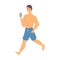 Strong man in shorts walking with a phone on the beach, pool. Isometric character