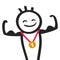 Strong man showing off his biceps with gold medal around his neck, funny stick man, fitness, bodybuilding, close-up