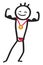 Strong man showing off his biceps with gold medal around his neck, funny stick man, fitness, muscle growth, bodybuilding