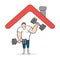 Strong man stays at home and sports at home, lifting dumbbells. Black outlines, colored