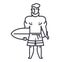 Strong man with surfing board vector line icon, sign, illustration on background, editable strokes