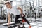 Strong man working with dumbbell in gym