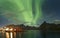 Strong Northern Lights over the Village of Hamnøy, Lofoten Islands, Norway