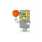 A strong parking ticket machine cartoon character with a basketball