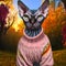Strong portrait from a grey sphynx cat wearing a pink sweater in an autumn forest