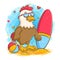 Strong rooster in the beach with surf board and ball