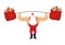 Strong Santa Claus holding barbell and gift bag.