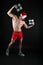Strong Santa. Muscular man wear santa claus hat. Bodybuilder on black background. Winter holidays. Muscular sportsman
