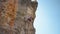 strong and skillful man climber climbs on limewall cliff by tough route, makes several wide hard efforts and clips rope