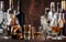 Strong Spirits Set. Hard alcoholic drinks in glasses in assortment: vodka, cognac, tequila, brandy and whiskey, grappa, liqueur,