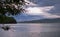 Strong summer storm. Water bubbles formed on the surface of the lake due to heavy rain