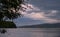 Strong summer storm. Water bubbles formed on the surface of the lake due to heavy rain