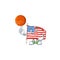 A strong USA flag with pole cartoon character with a basketball