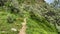 Strong wind blows over a mountain trail. Aerial view of a beautiful mountain summer landscape.