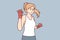 Strong woman with boxing bandages on hands inviting to fight or play sports. Vector image