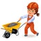 Strong woman builder in helmet and uniform rolls a construction wheelbarrow with cement, a strong girl works hard