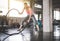 Strong woman using battle rope at gym,Female doing exercise in functional training