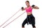 Strong woman using a resistance band in her exercise routine. Young woman performs fitness exercises on white background