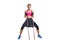 Strong woman using a resistance band in her exercise routine. Young woman performs fitness exercises on white background