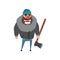Strong woodcutter standing with axe in hand. Lumberjack with frozen beard. Cartoon man character dressed in gray winter