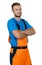 Strong worker with orange protective gear
