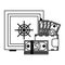 Strongbox and wallet with money symbol in black and white