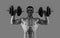 Strongman with muscular torso lift dumbbells in strong arms biceps triceps grey background, strength