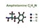 Structural chemical formula and molecular model of amphetamine, the central nervous system stimulant that used to treat