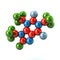 Structural model of colorful caffeine molecule 3d illustration