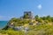 Structure 45, offertories on the hill near the beach, Mayan Ruins in Tulum, Riviera Maya, Yucatan, Caribbean Sea, Mexico