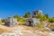 Structure 45, offertories on the hill near the beach, Mayan Ruins in Tulum, Riviera Maya, Yucatan, Caribbean Sea, Mexico