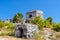 Structure 45, offertories on the hill near the beach, Mayan Ruins in Tulum, Riviera Maya, Yucatan, Caribbean Sea, Mexico