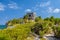 Structure 45, offertories on the hill near the beach, Mayan Ruins in Tulum, Riviera Maya, Yucatan, Caribbean Sea, Mexico