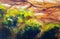 Structure of wooden log covered with moss, closeup painting detail.