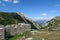 Strudelkopf - Idyllic view on the high Italian Dolomites. A stony construction on the side, resembling a bunker. Sunny day