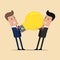 Struggle between businessmen for a big lightbulb. Big idea. Vector illustration