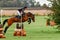 Strzegom October Festival, Morawa, Poland - October, 17, 2021: German competitor Anton Gerlach on horse Follow Me jumps through