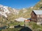 Stubai Valley, Innsbruck-Land, Tyrol, Austria, July 5, 2020: Early morning view of Bremer Hutte, alpine mountian wooden