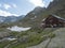 Stubai Valley, Innsbruck-Land, Tyrol, Austria, July 5, 2020: View of Bremer Hutte, an alpine mountian wooden hut with