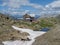 Stubai Valley, Innsbruck-Land, Tyrol, Austria, July 5, 2020: View of Bremer Hutte, an alpine mountian wooden hut with
