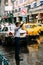 Student activists peacefully demanding for ` Silence, No Horn` on the road with yellow taxis in background in Kolkata, India