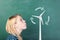 Student Blowing On Wind Turbines Drawn On Chalkboard