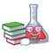 Student with book erlenmeyer flask in cartoon lab room