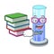 Student with book graduated cylinder on for cartoon trial
