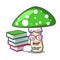 Student with book green amanita mushroom mascot cartoon